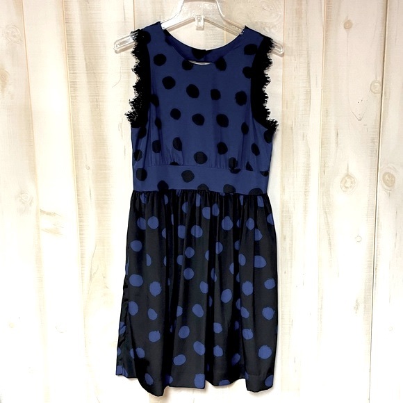 Corey Lynn Calter Black Navy Polka Dot Sleeveless Pocket Dress Lace Trim, Sz 10 - Picture 2 of 10